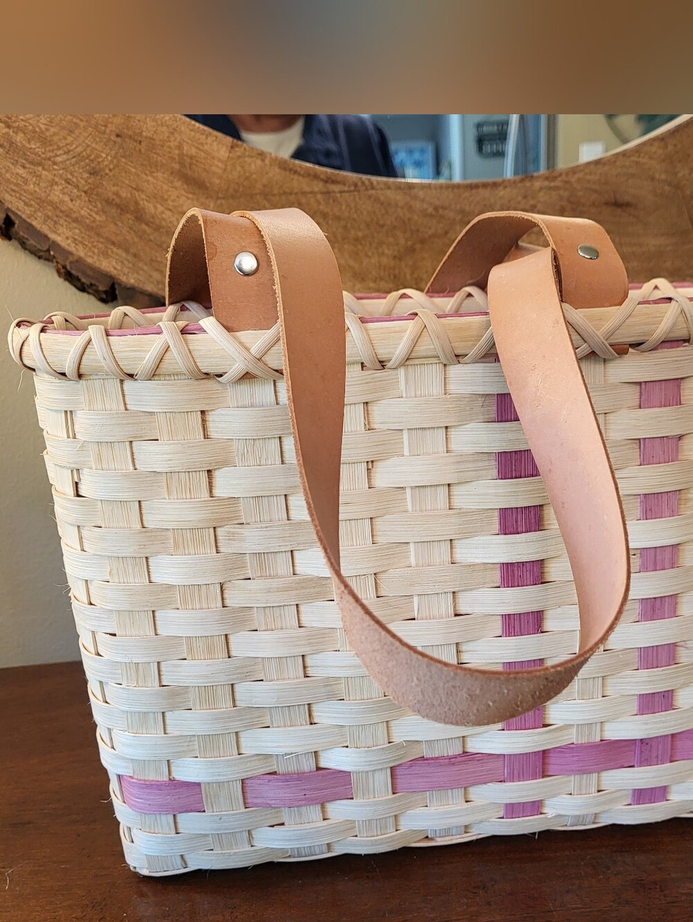 Handmade Woven Wood Basket Tote Leather Handles Pink Natural 2009 Breast Cancer